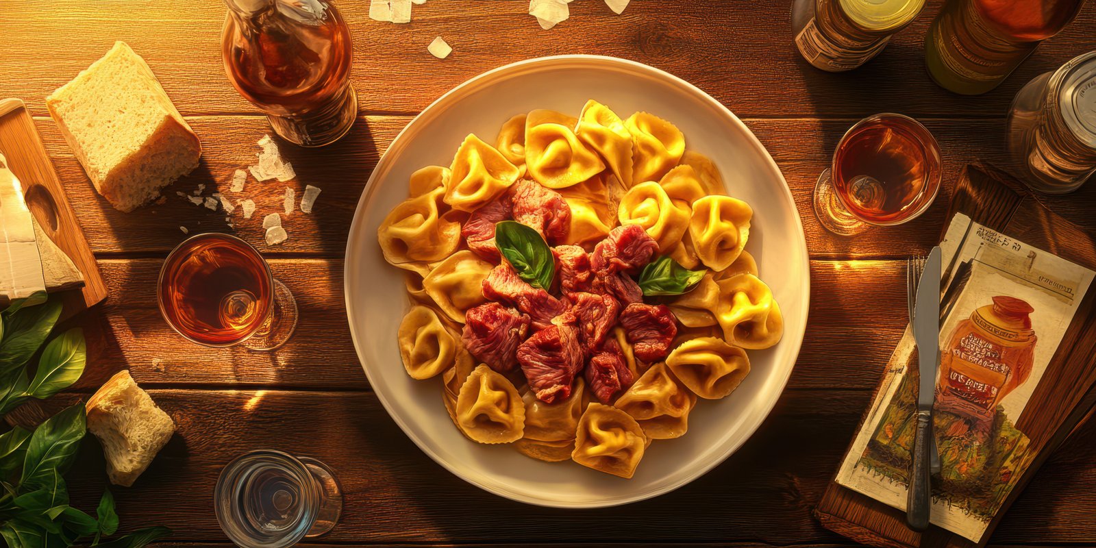 Delicious plate of tortellini with meat sauce and herbs on a rustic wooden table